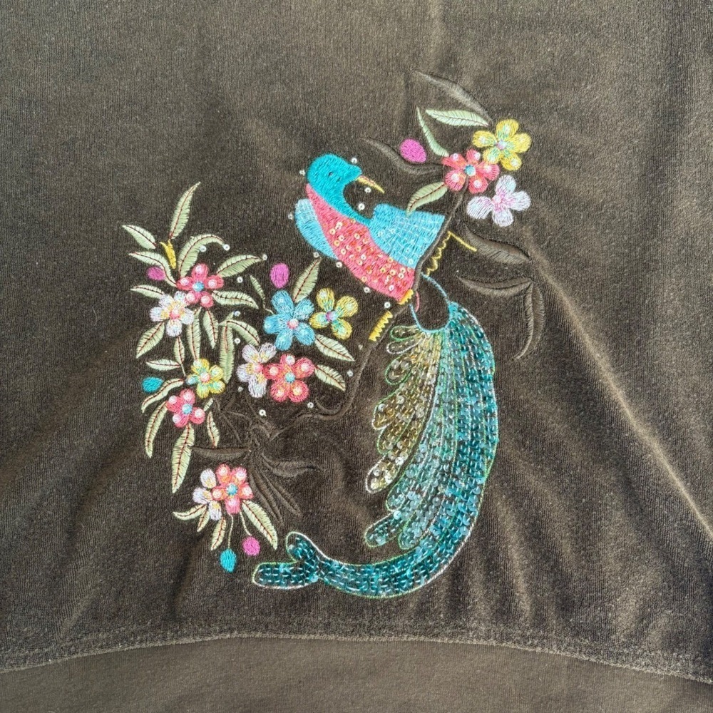 Y2K BCBGMAXAZRIA Olive Green Velour Hoodie Jacket Floral Bird Embroidery Large - Picture 7 of 7